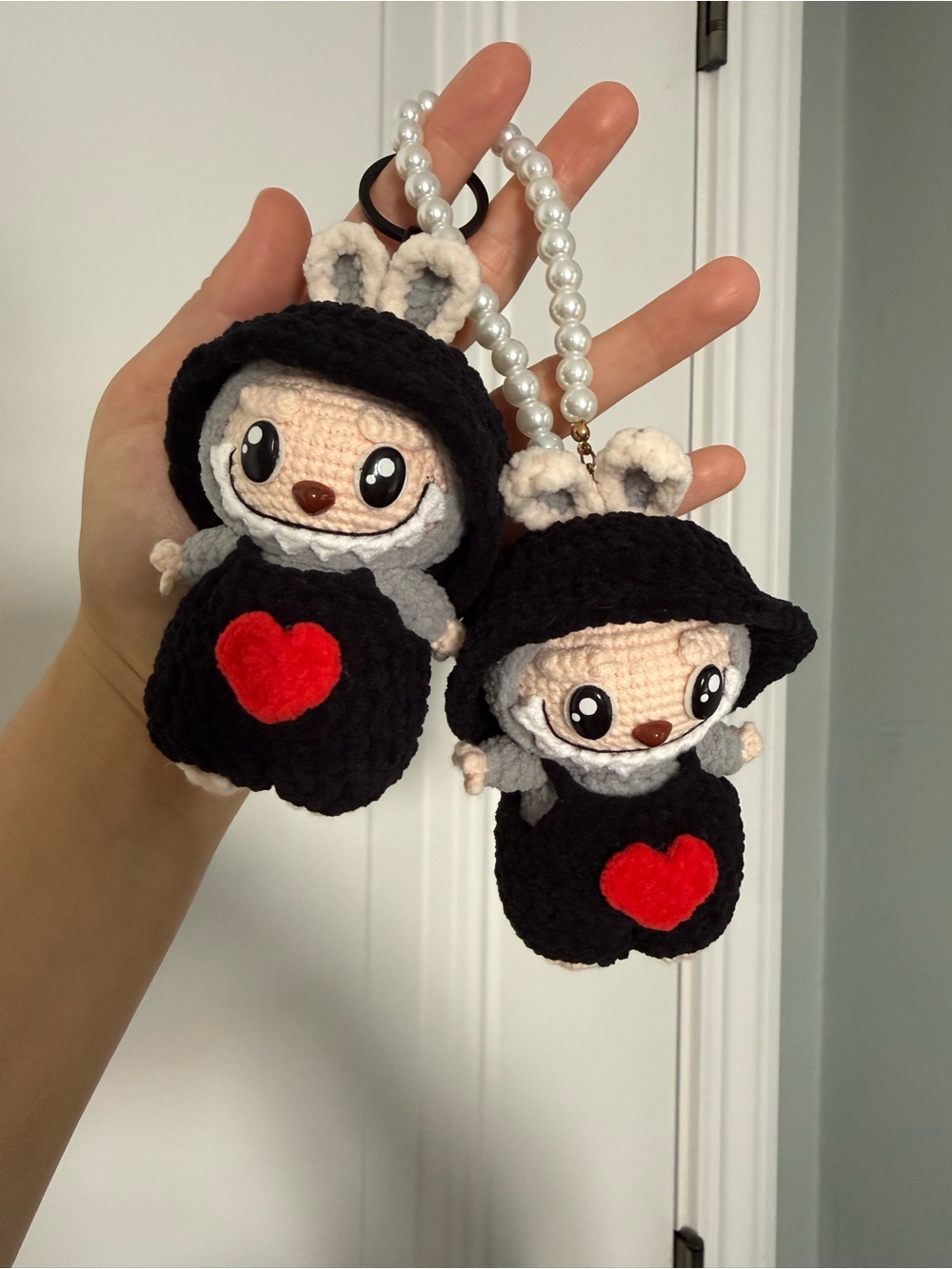 Handmade Crochet Labubu. Black Plush Bunny Keychain with Red Heart. Gift for Kid